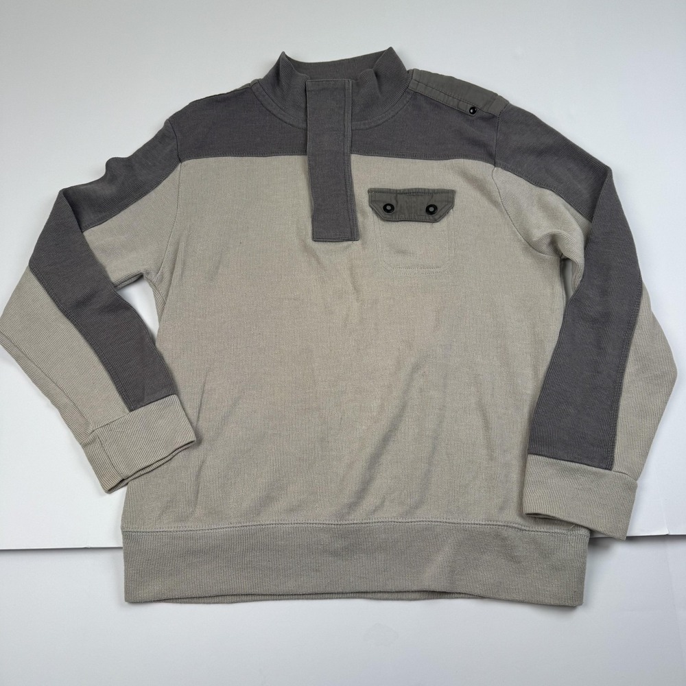 Marc Ecko Cut & Sew Sweater Mens Large Gray Beige Knit Half Zip Pullover Pocket